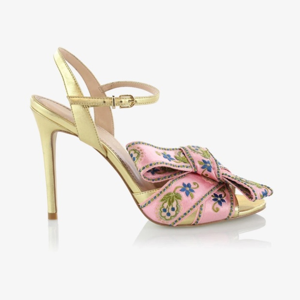 CYNTHIA ROWLEY ANJELICA BOW HIGH HEEL SANDAL PINK/GOLD SIZE 8.5